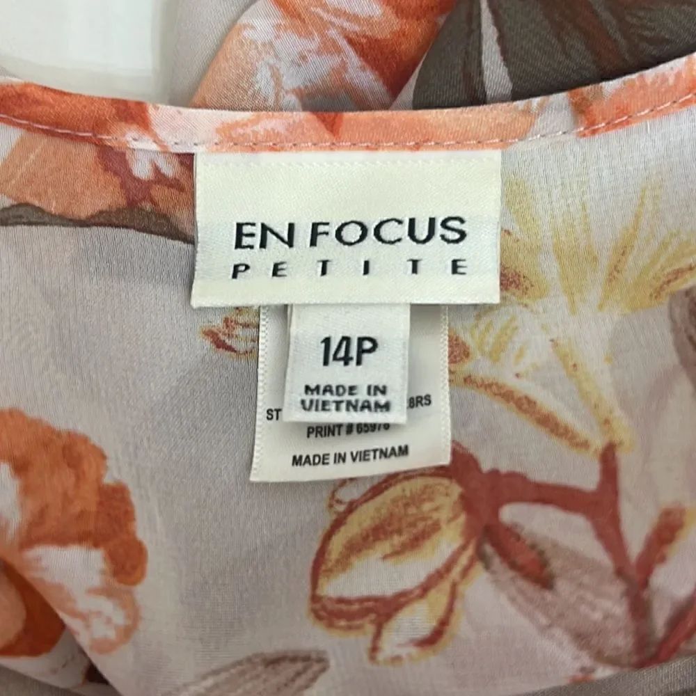 Enfocus Dress Size 14P V Neck Floral Long Sleeve Sheer Lined Skirt Elastic Waist - Picture 9 of 11